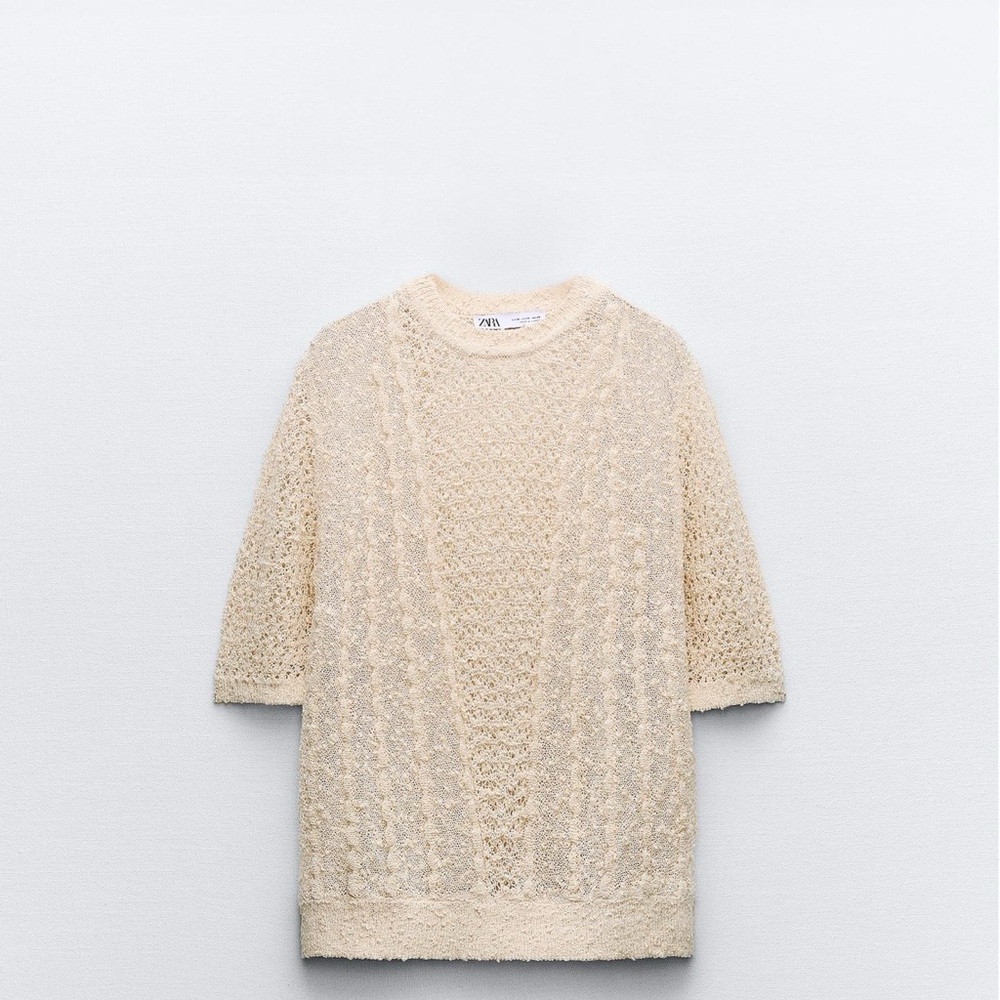 Zara Cream Knit Short Sleeve Sweater
